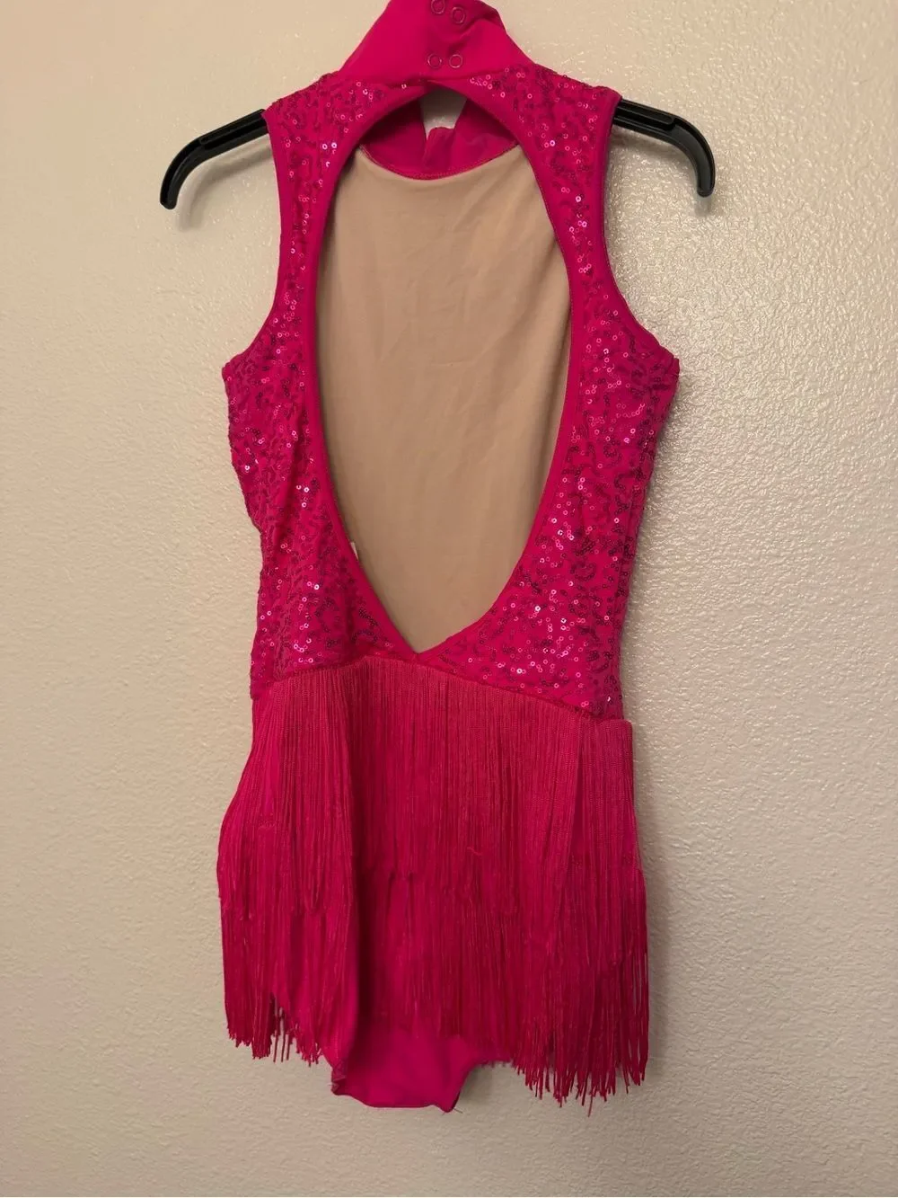 WEISSMAN Balera Dance hot pink sequin Costume KEYHOLE FRONT FRINGE D10969 MA adl